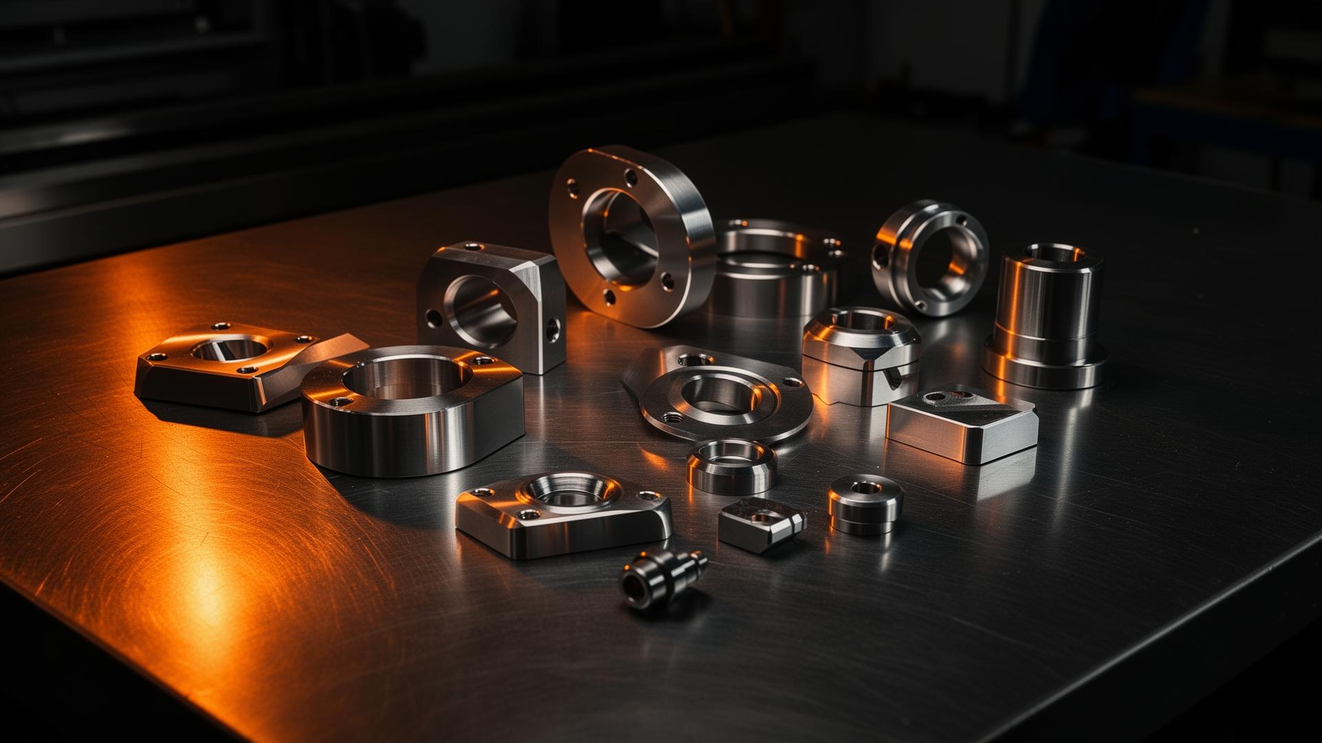 Precision CNC-machined aluminum and stainless steel parts on a brushed steel surface